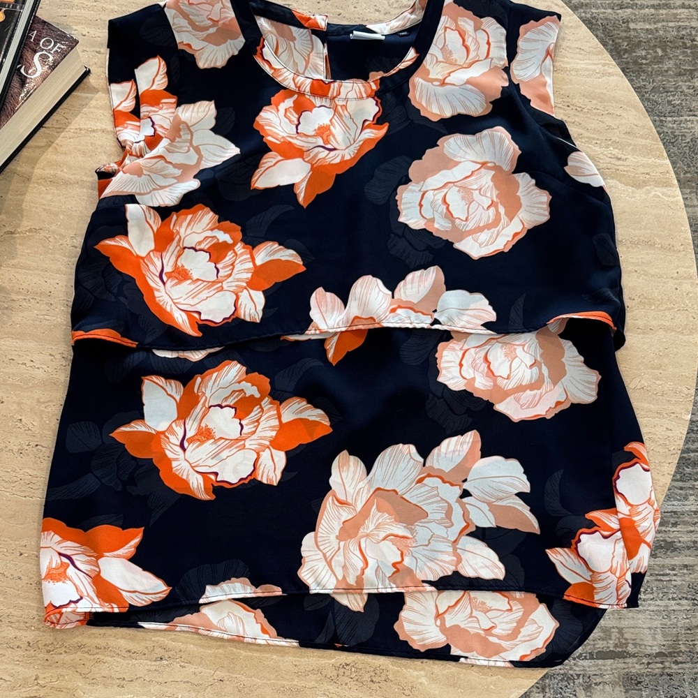 CAbi Navy and Orange Floral Blouse